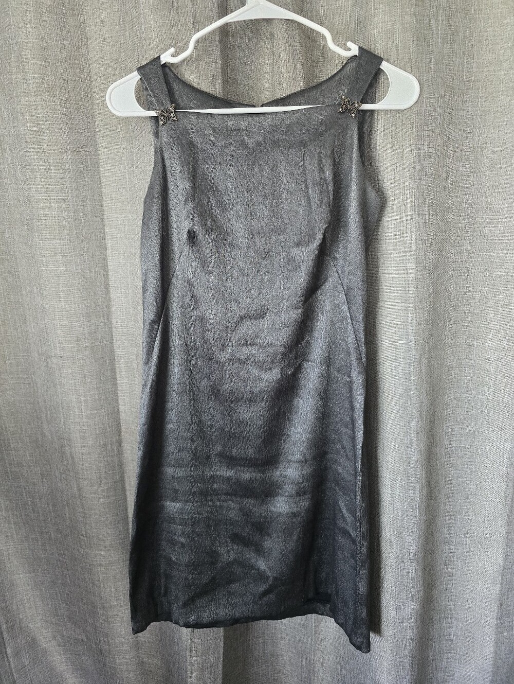 Vtg 90s y2k CDC Satin Sheath Dress Butterfly Rhinestone Metallic Dark Grey 4